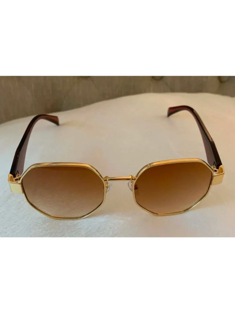 Unisex Vintage Style Octagonal Gold Frame Sunglasses W/ Gradient Tea Brown Lense